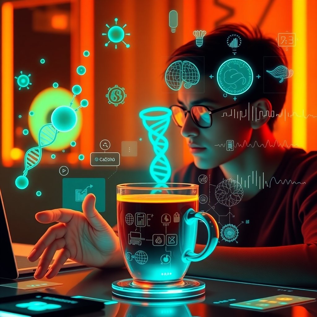 A imagem mostra uma xícara de café que represente a cafeína como uma ferramenta de biohacking para otimização humana.